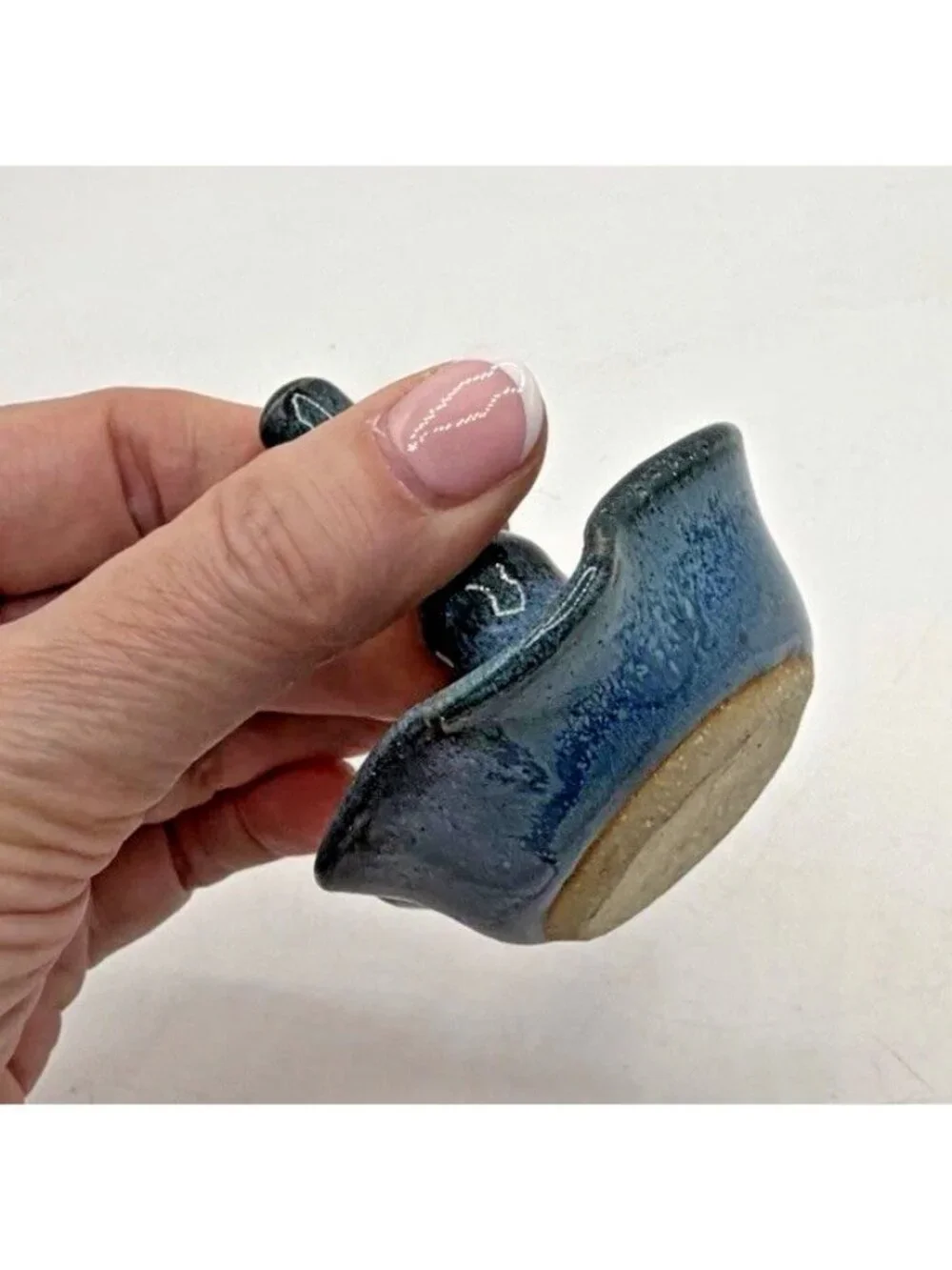 Vintage Studio Pottery Ring Holder Dish Blue Gray Glazed Ruffled Edge Signed